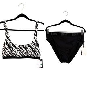 DKNY Women's Black White Printed Square Neck Bikini Top & Bottom Set Large NWT
